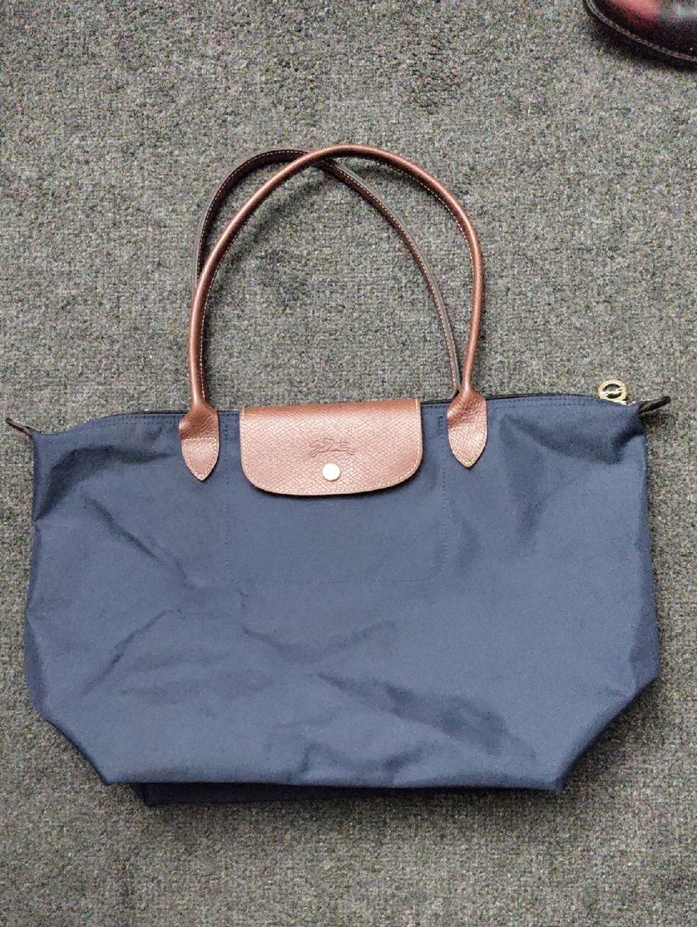 Longchamp Navy Tote with Brown Leather Handles
